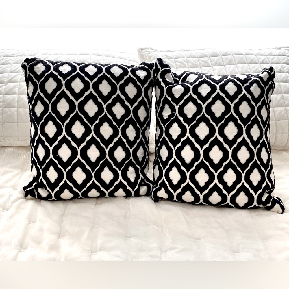 Two 18” x 18” off white and black damask  decorative cushions.